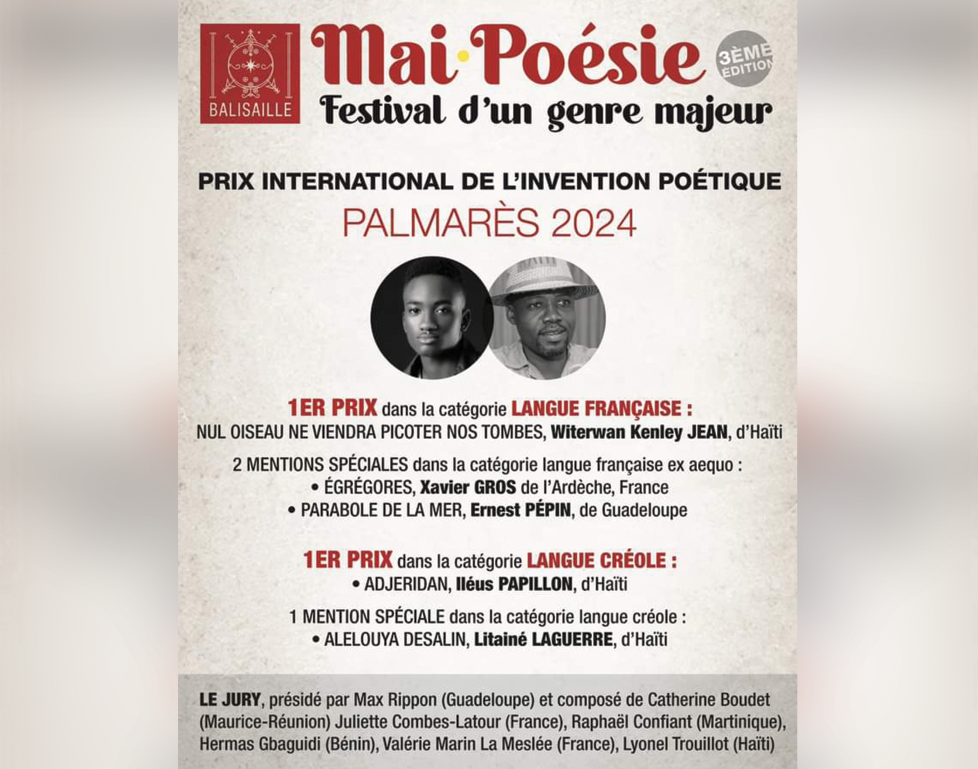 Witerwan Kenley Jean et Iléus Papillon  lauréats du prix de l’Invention poétique 2024